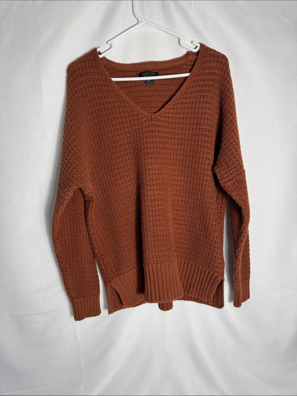Rachel Zoe Rust Burnt Orange Waffle Knit V-Neck Pullover Sweater Women’s Large